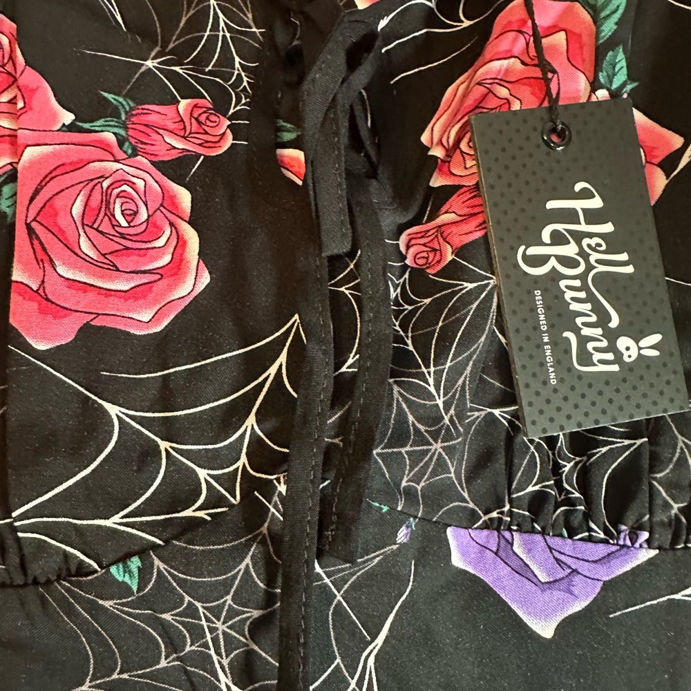 Hell Bunny Black Dress with Pink and Purple Floral Web Design